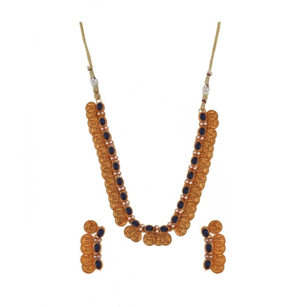 Women's Elegent Laxmi Coin Shape Jewellery Chowker Set (Blue, Free Size)