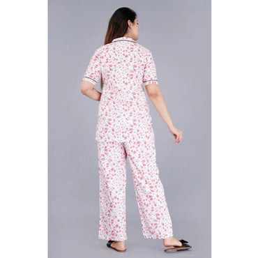 Women's Casual Half Sleeve Printed Viscose Rayon Shirt With Pyjama Pant Night Suit Set (Baby Pink)