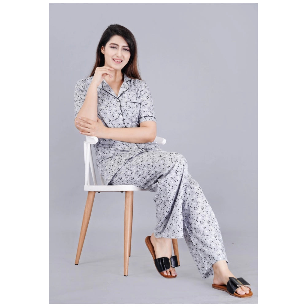 Women's Casual Half Sleeve Printed Viscose Rayon Shirt With Pyjama Pant Night Suit Set (Grey)