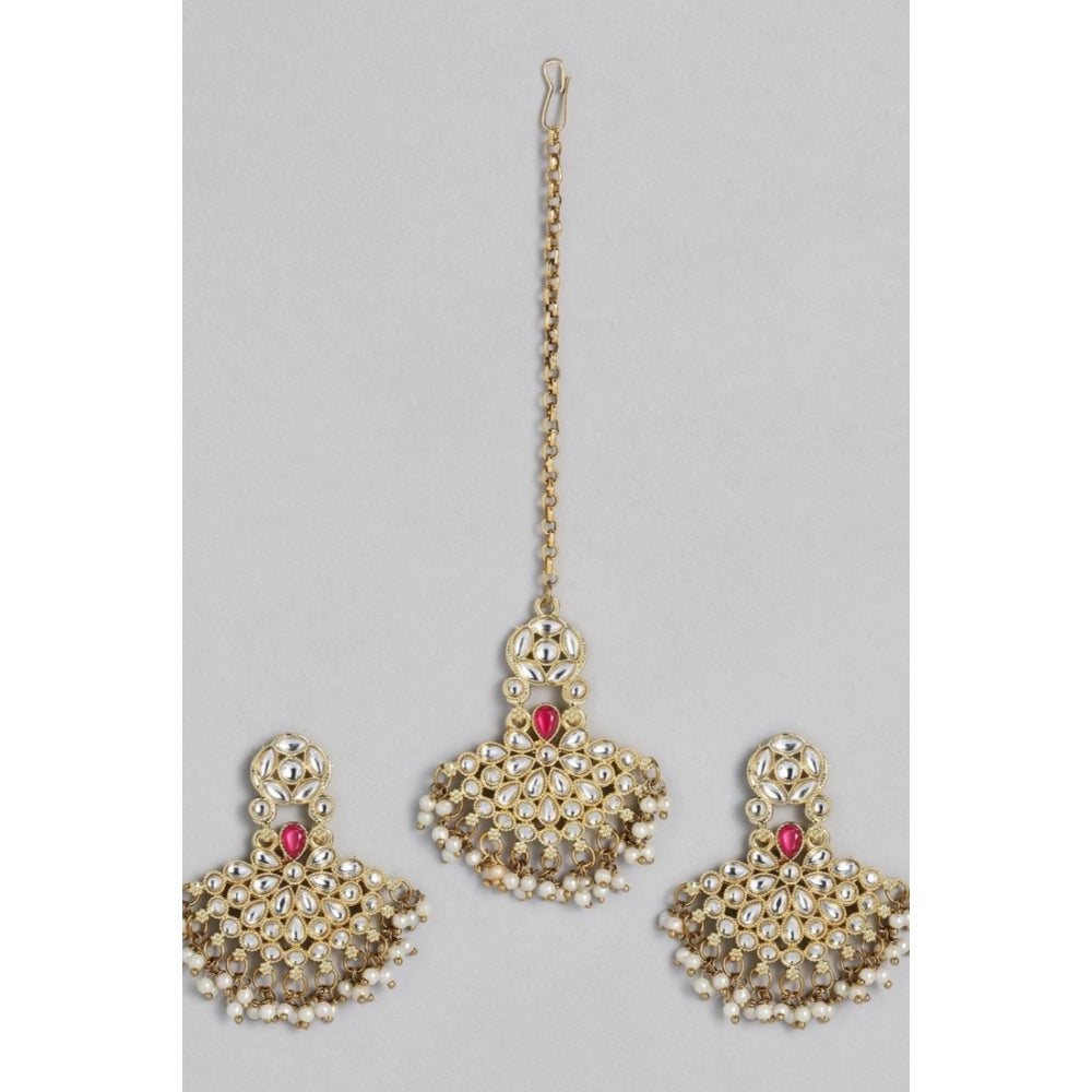 Women's Rose Gold Plated Alloy Kundan Earrings & Mangtikka (White)