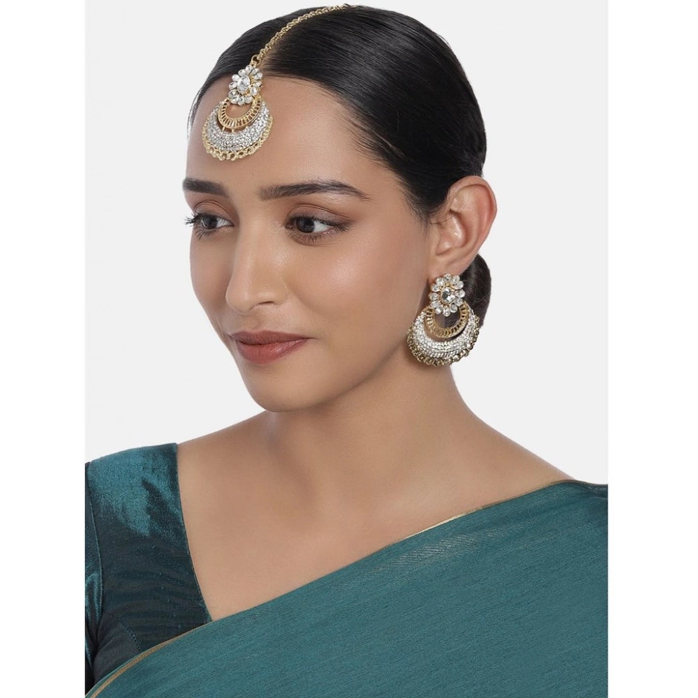 Women's Rose Gold Plated Alloy Kundan Earrings & Mangtikka (White)