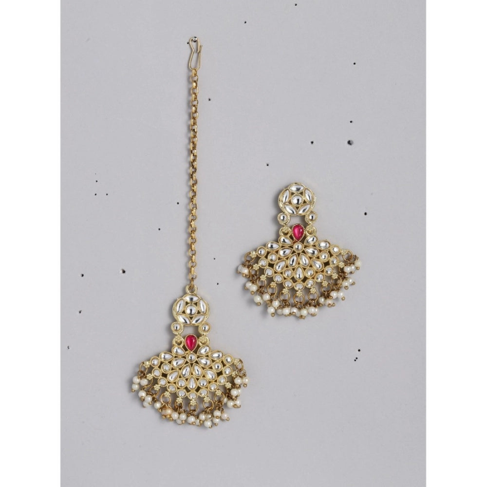 Women's Rose Gold Plated Alloy Kundan Earrings & Mangtikka (White)