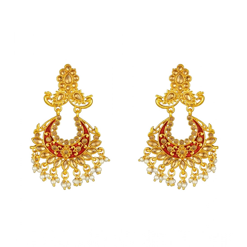 Women's Rose Gold Plated Alloy Kundan Earrings & Mangtikka (Maroon)