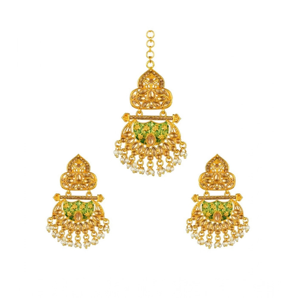 Women's Rose Gold Plated Alloy Kundan Earrings & Mangtikka (Green)