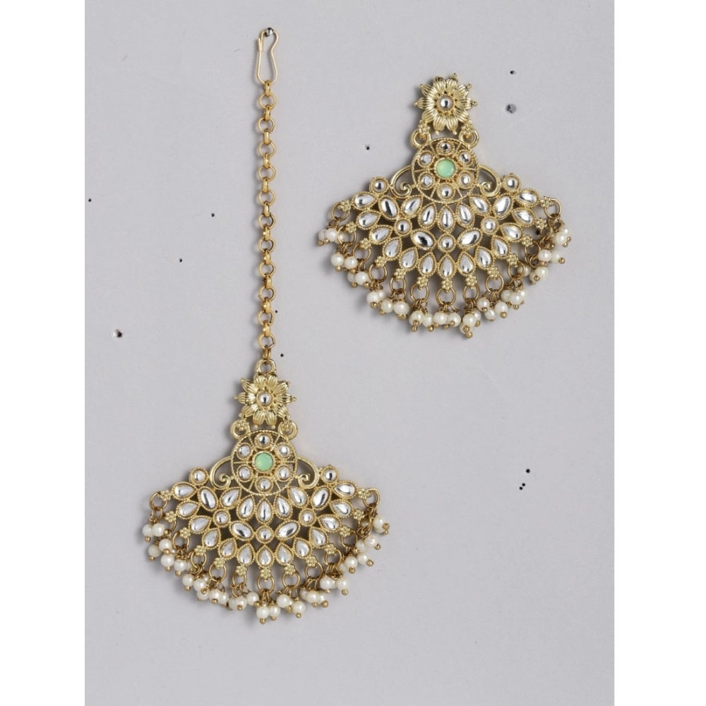 Women's Rose Gold Plated Alloy Kundan Earrings & Mangtikka (White)