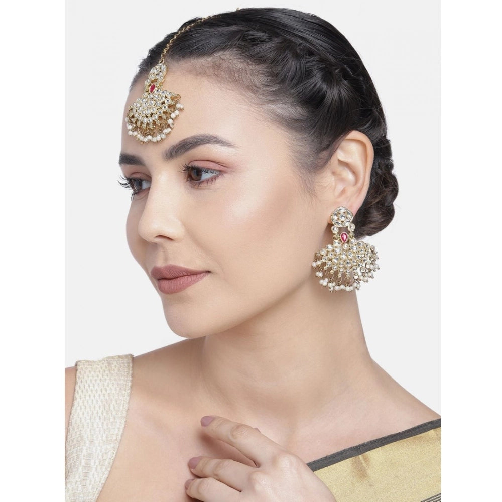 Women's Rose Gold Plated Alloy Kundan Earrings & Mangtikka (White)