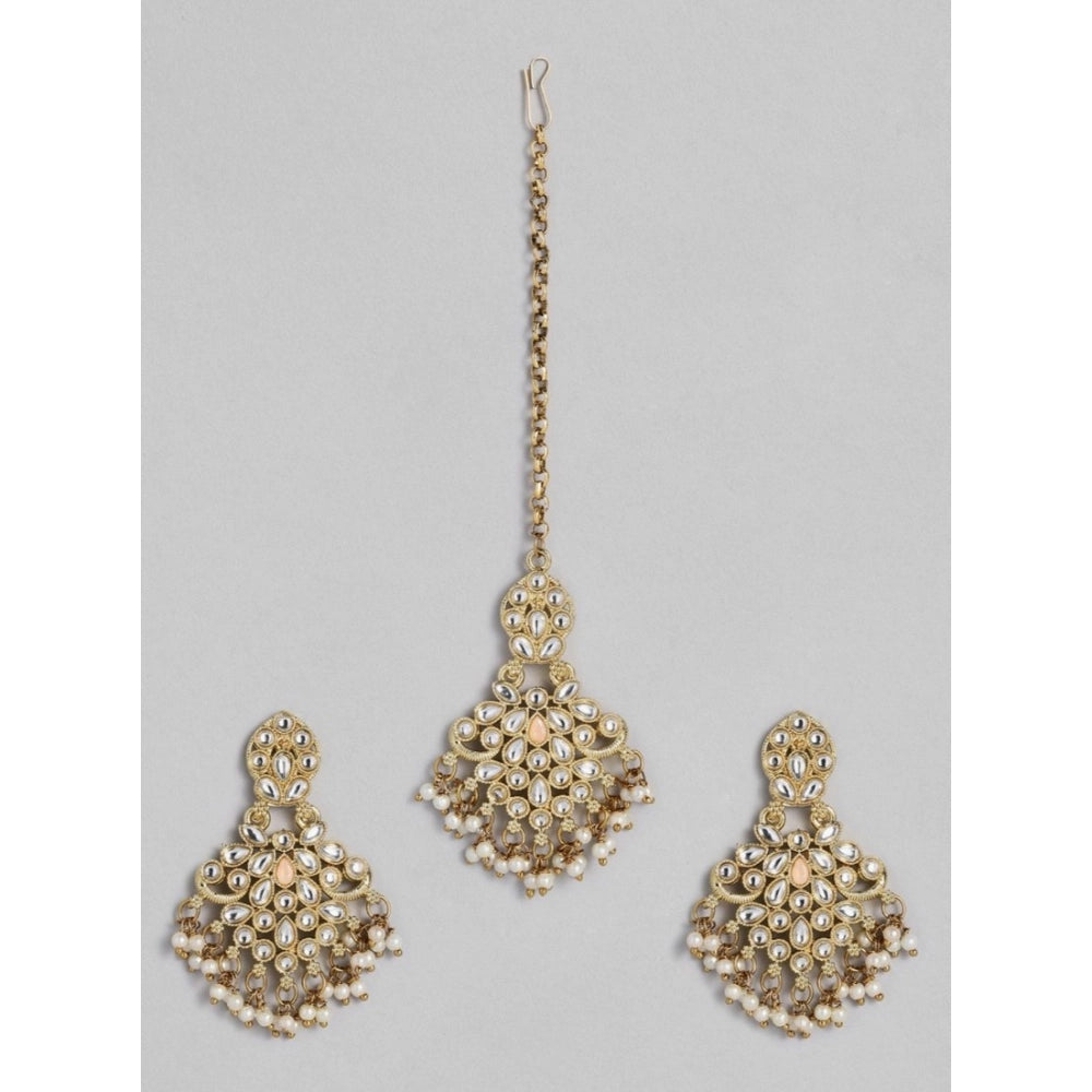 Women's Rose Gold Plated Alloy Kundan Earrings & Mangtikka (White)