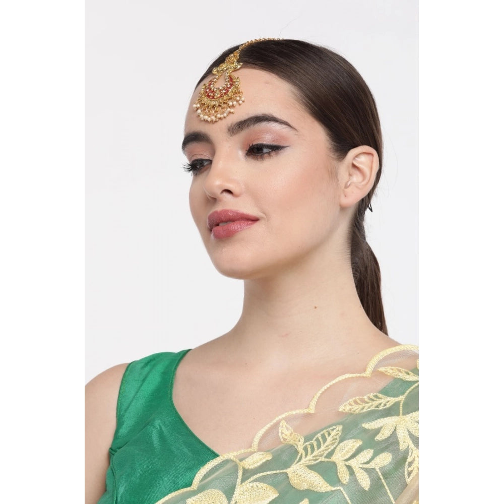 Women's Rose Gold Plated Alloy Kundan Earrings & Mangtikka (Maroon)