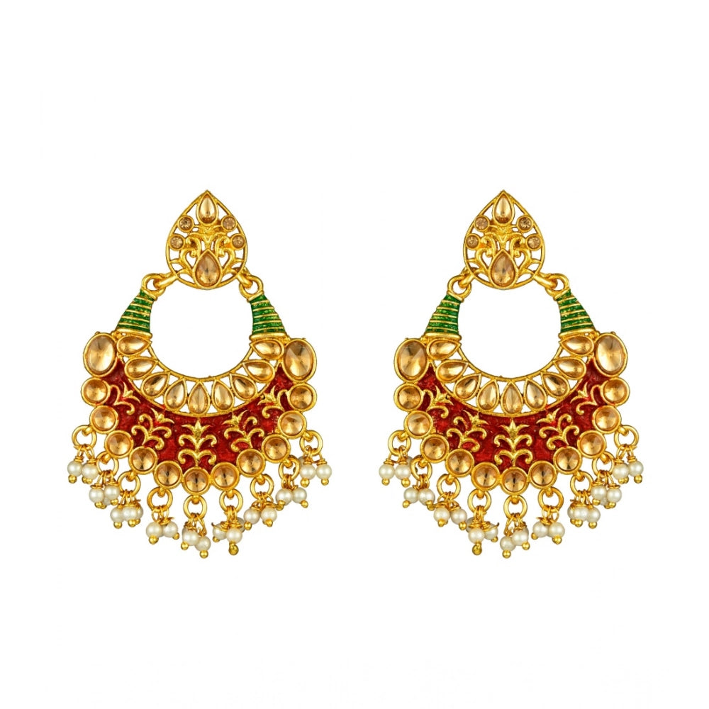 Women's Rose Gold Plated Alloy Kundan Earrings & Mangtikka (Red & Green)