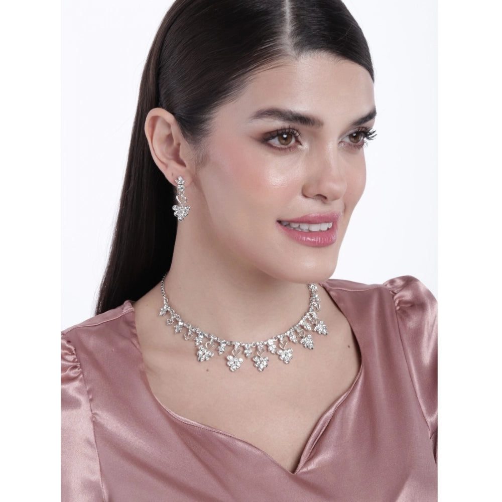 Women's Rose Gold Plated Brass Necklace & Earings Set (Silver)