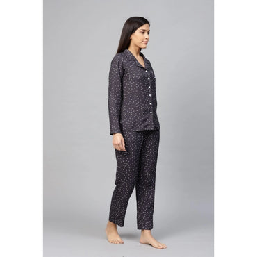 Women's Casual Full Sleeves Polka Dot Printed Rayon Shirt With Pyjama Pant Night Suit Set (Grey)