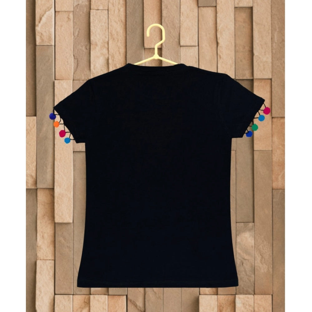 Girl's Casual Short Sleeve Printed Cotton T-Shirt (Black)