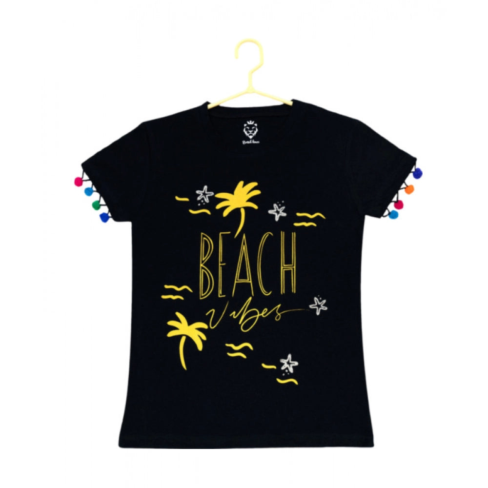 Girl's Casual Short Sleeve Printed Cotton T-Shirt (Black)