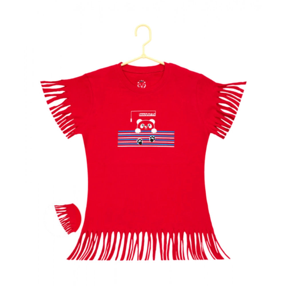 Girl's Casual Short Sleeve Printed Cotton T-Shirt (Red)