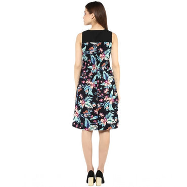 Women's Polyester Printed Sleeveless Above Knee Dress (Black - Multicolor)