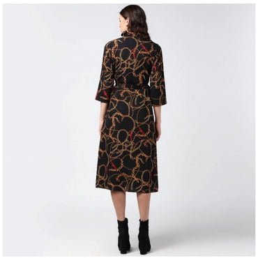 Women's Polyester Chain Print Roll Up Sleeve Below Knee Dress (Black - Yellow)