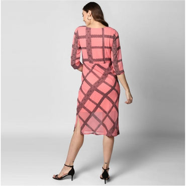 Women's Polyester Checkered 3-4th Sleeves Below Knee Dress (Pink - Black)