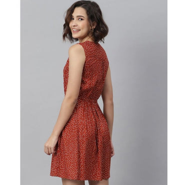 Women's Rayon Polka Sleeveless Above Knee Dress (Rust)