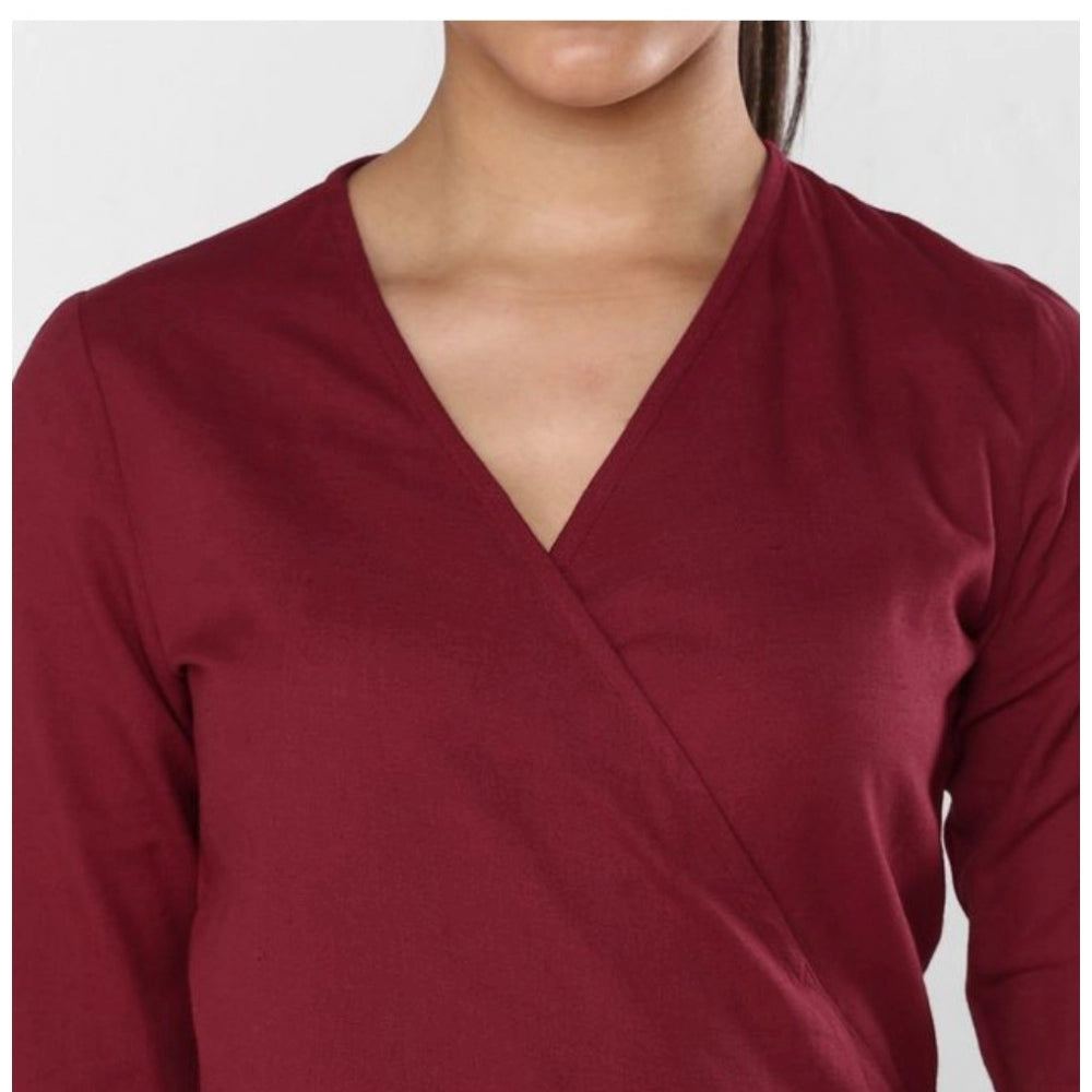 Women's Cotton Solid 3-4th Sleeves Above Knee Dress (Maroon)