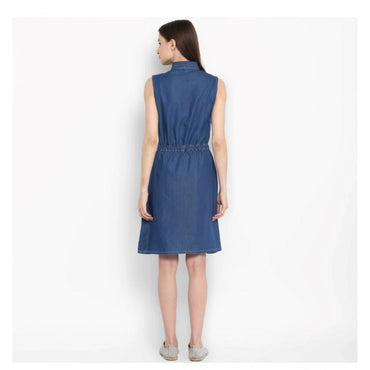 Women's Denim Solid Sleeveless Above Knee Dress (Blue)