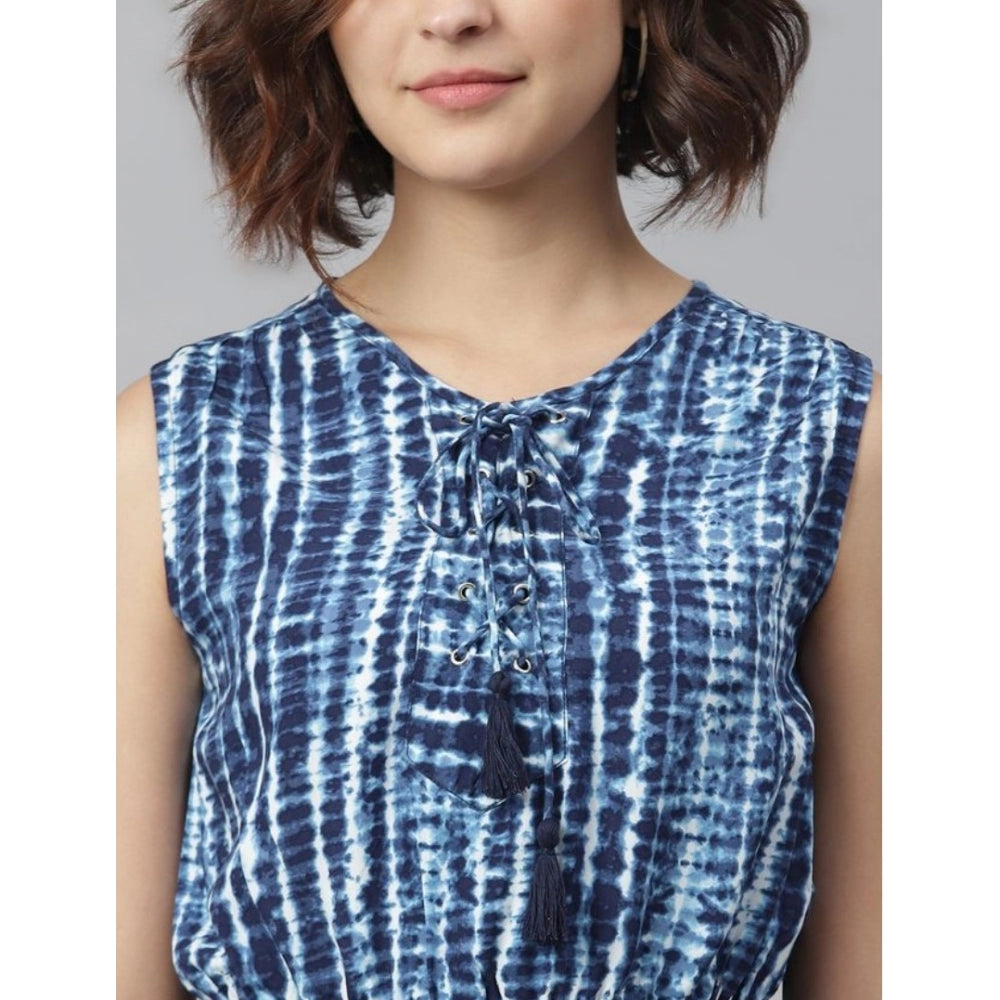 Women's Rayon Tie & Dye Sleeveless Above Knee Dress (Blue)