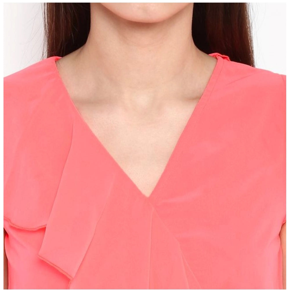 Women's Polyester Ruffled Cap Sleeve Below Knee Dress (Coral Pink)