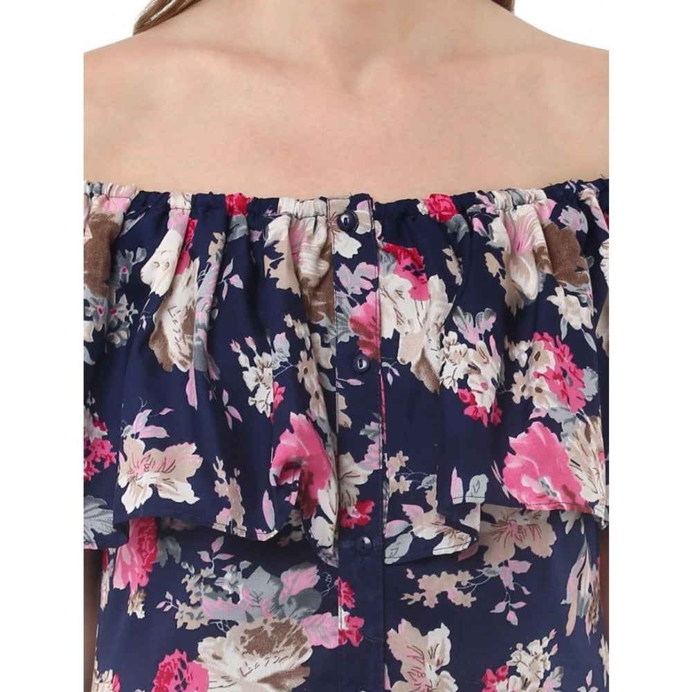 Women's Polyester Crepe Floral Half Sleeve Above Knee Dress (Navy Blue)