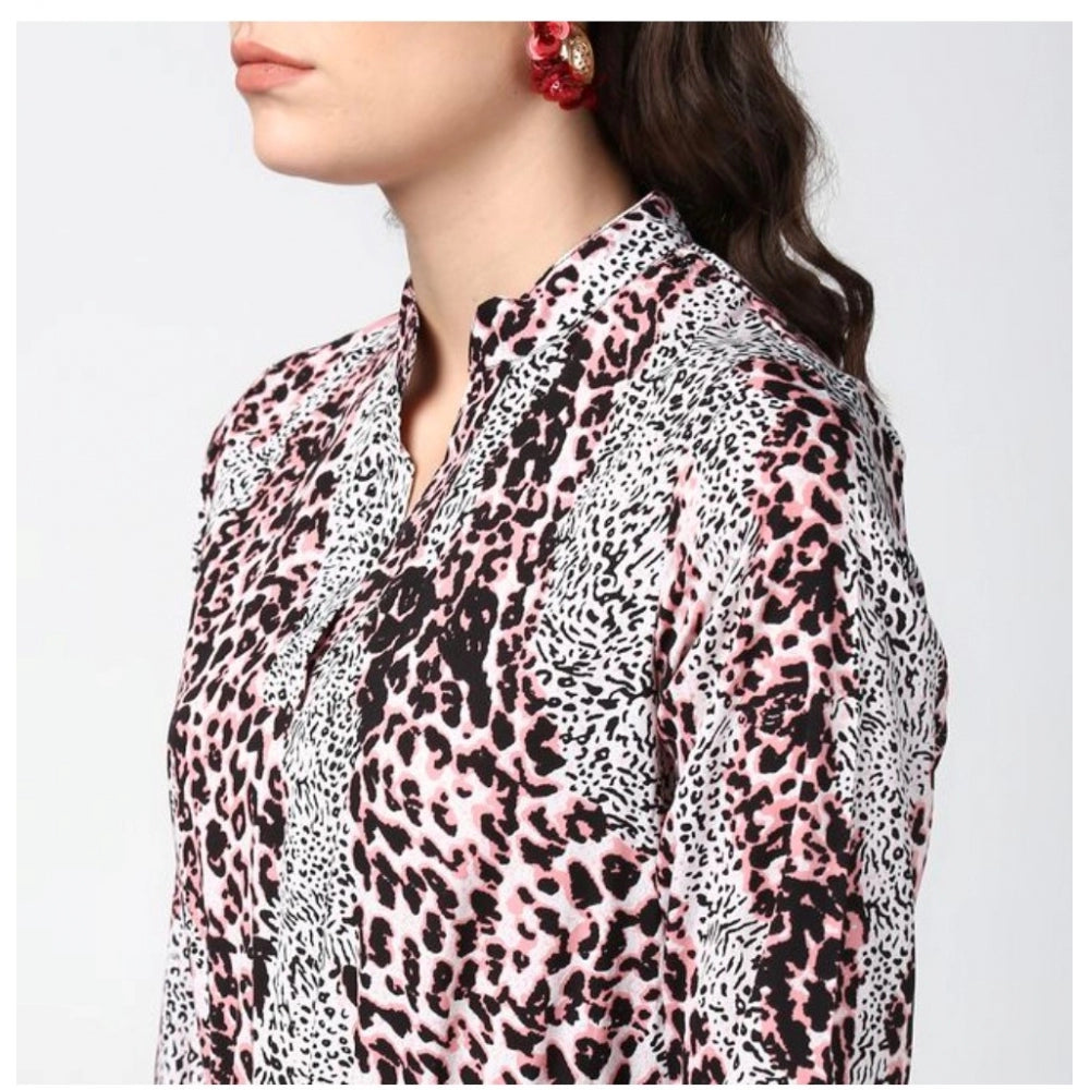 Women's Polyester Animal Print Bell Sleeve Above Knee Dress (Pink - Black)