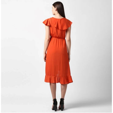 Women's Polyester Ruffled Cap Sleeve Knee-Length Dress (Orange)