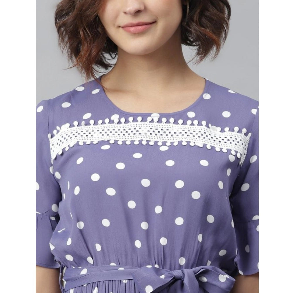 Women's Polyester Polka Bell Sleeve Above Knee Dress (Lavender)