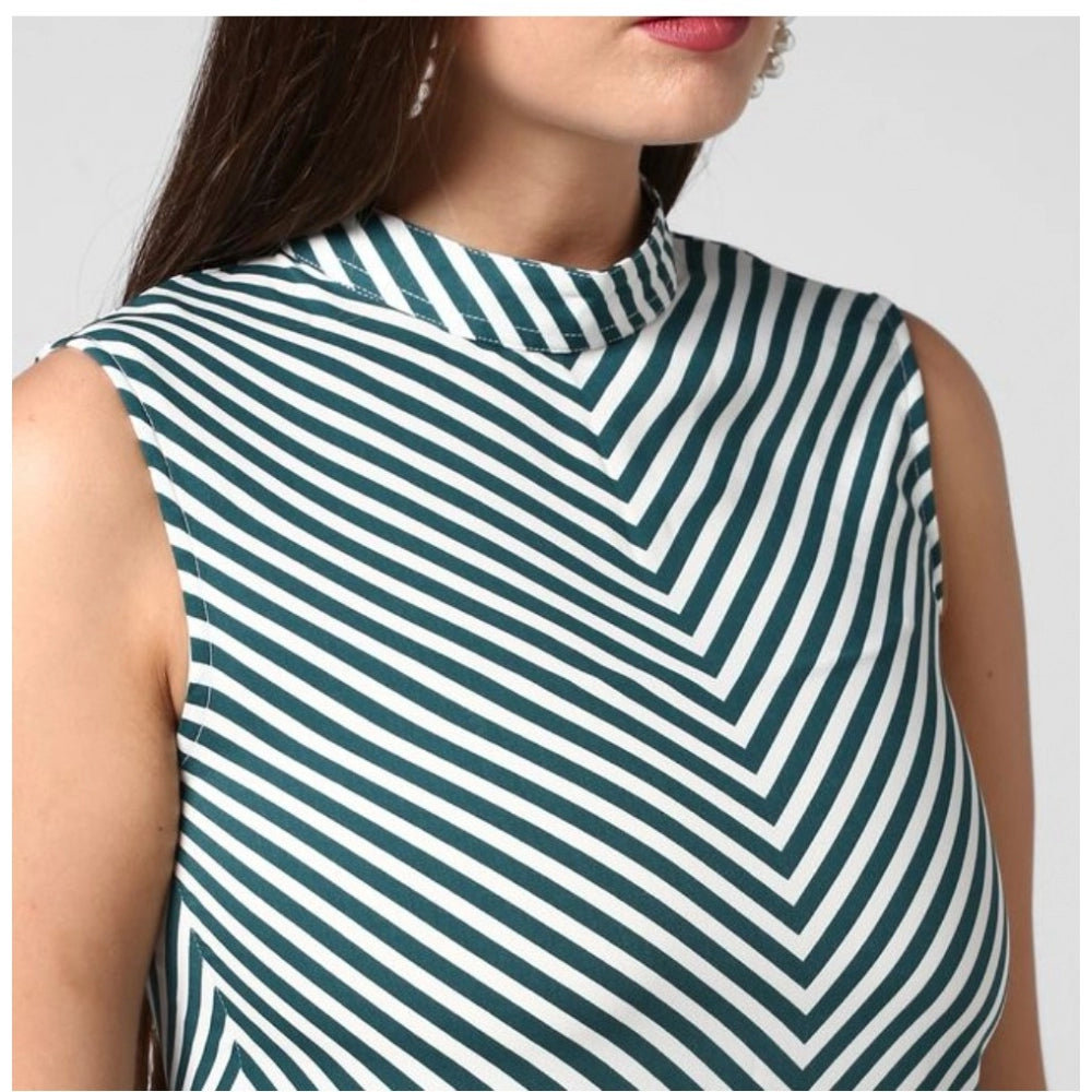 Women's Polyester Striped Sleeveless Above Knee Dress (Green)