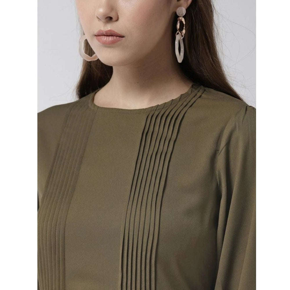 Women's Polyester Pintuck Long Sleeves Below Knee Dress (Olive)