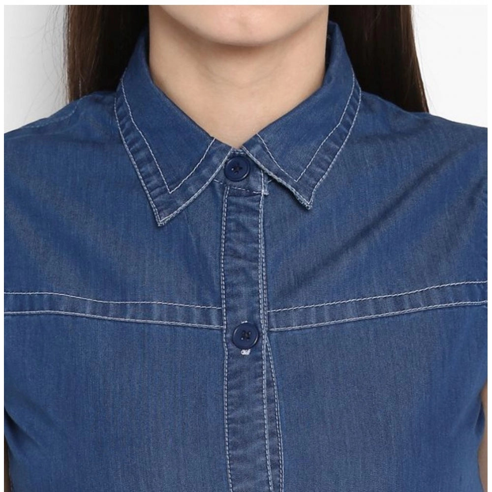 Women's Denim Solid Sleeveless Above Knee Dress (Blue)