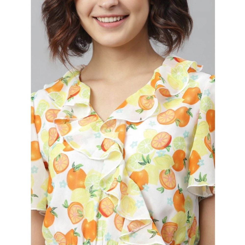 Women's Polyester Printed Flutter Above Knee Dress (Yellow - Orange)