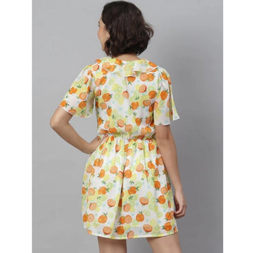 Women's Polyester Printed Flutter Above Knee Dress (Yellow - Orange)