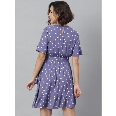 Women's Polyester Polka Bell Sleeve Above Knee Dress (Lavender)