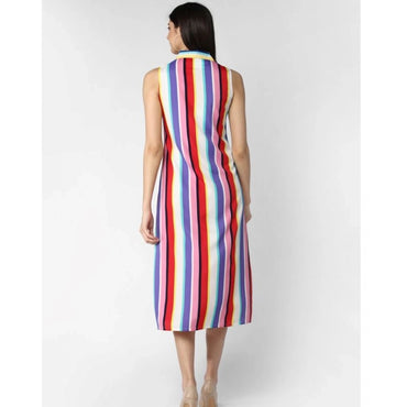 Women's Polyester Striped Sleeveless Calf-length Dress (Multicolor)