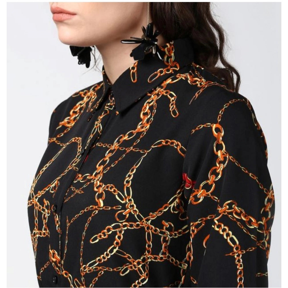 Women's Polyester Chain Print Roll Up Sleeve Below Knee Dress (Black - Yellow)