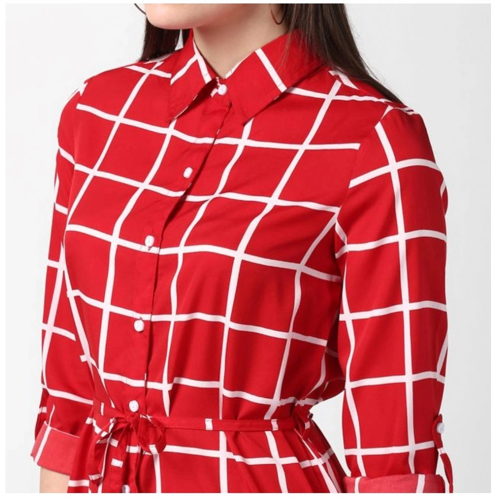 Women's Polyester Checkered Long Sleeves Above Knee Dress (Red)