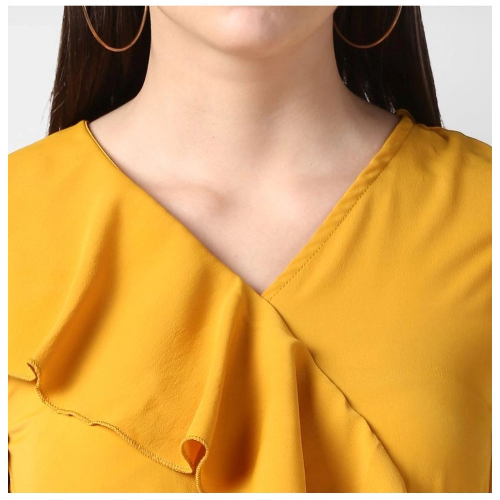 Women's Polyester Ruffled Cap Sleeve Knee-Length Dress (Yellow)