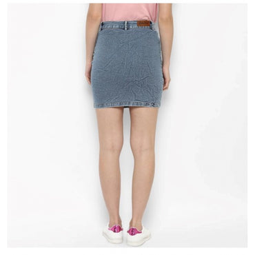 Women's Denim Draw String Buttoned Skirt (Blue)