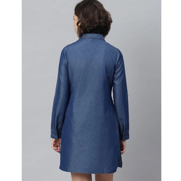 Women's Denim Solid Long Sleeves Above Knee Dress (Navy Blue)