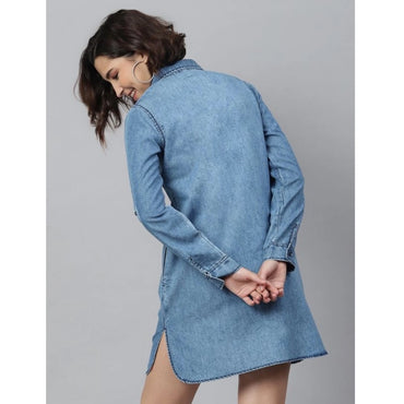 Women's Denim Solid Long Sleeves Above Knee Dress (Ice Blue)