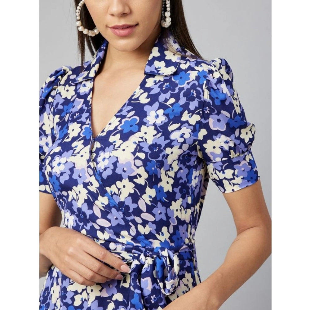 Women's Polyester Floral Short Sleeve Above Knee Dress (Blue - Purple)