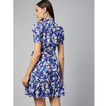 Women's Polyester Floral Short Sleeve Above Knee Dress (Blue - Purple)