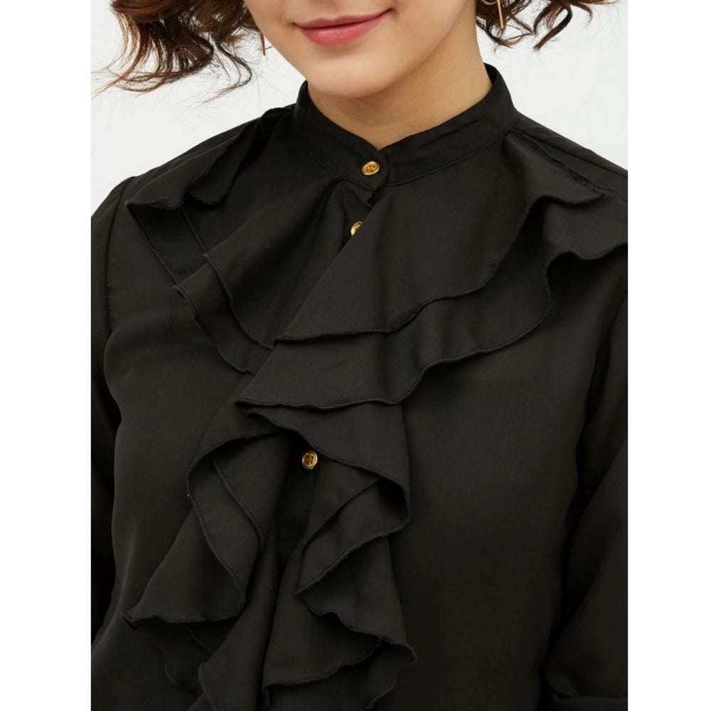 Women's Polyester Ruffled Long Sleeves Standard Length Shirt (Black)