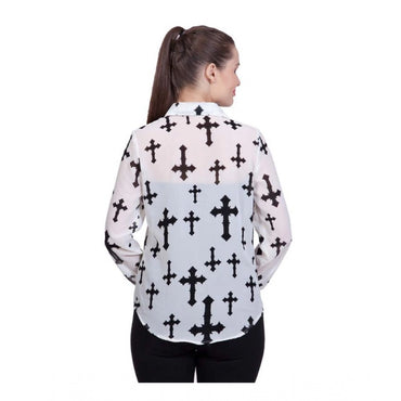 Women's Polyester Printed Long Sleeves Standard Length Shirt (White)