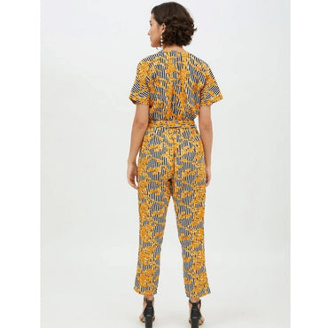 Women's Polyester Printed Half Sleeve Long Jumpsuit (Yellow)
