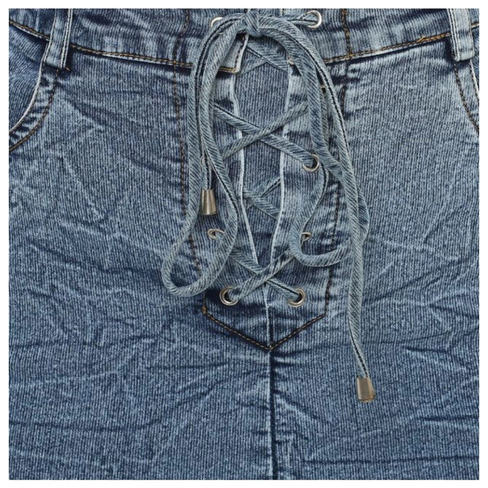 Women's Denim Draw String Buttoned Skirt (Blue)
