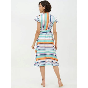 Women's Satin Striped Short Sleeve Knee-Length Dress (Multicolor)
